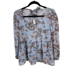 American Eagle Blue Floral Long Sleeve Tie Back Sheer Blouse Size Small